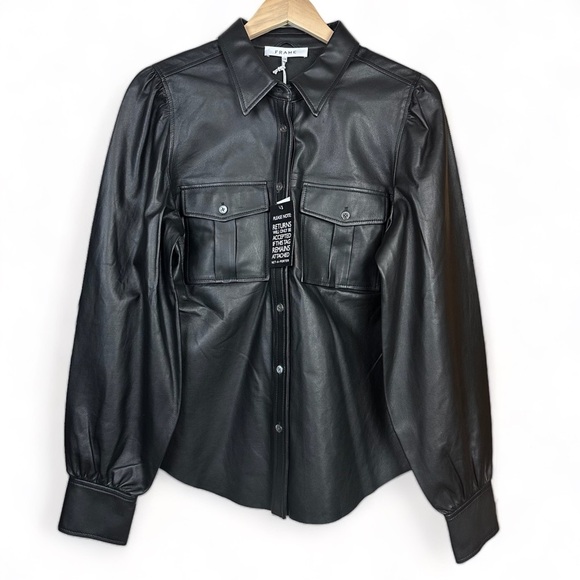 Frame Denim Tops - FRAME Fem Black Lamb Leather Military Button Down Shirt Women Top Large